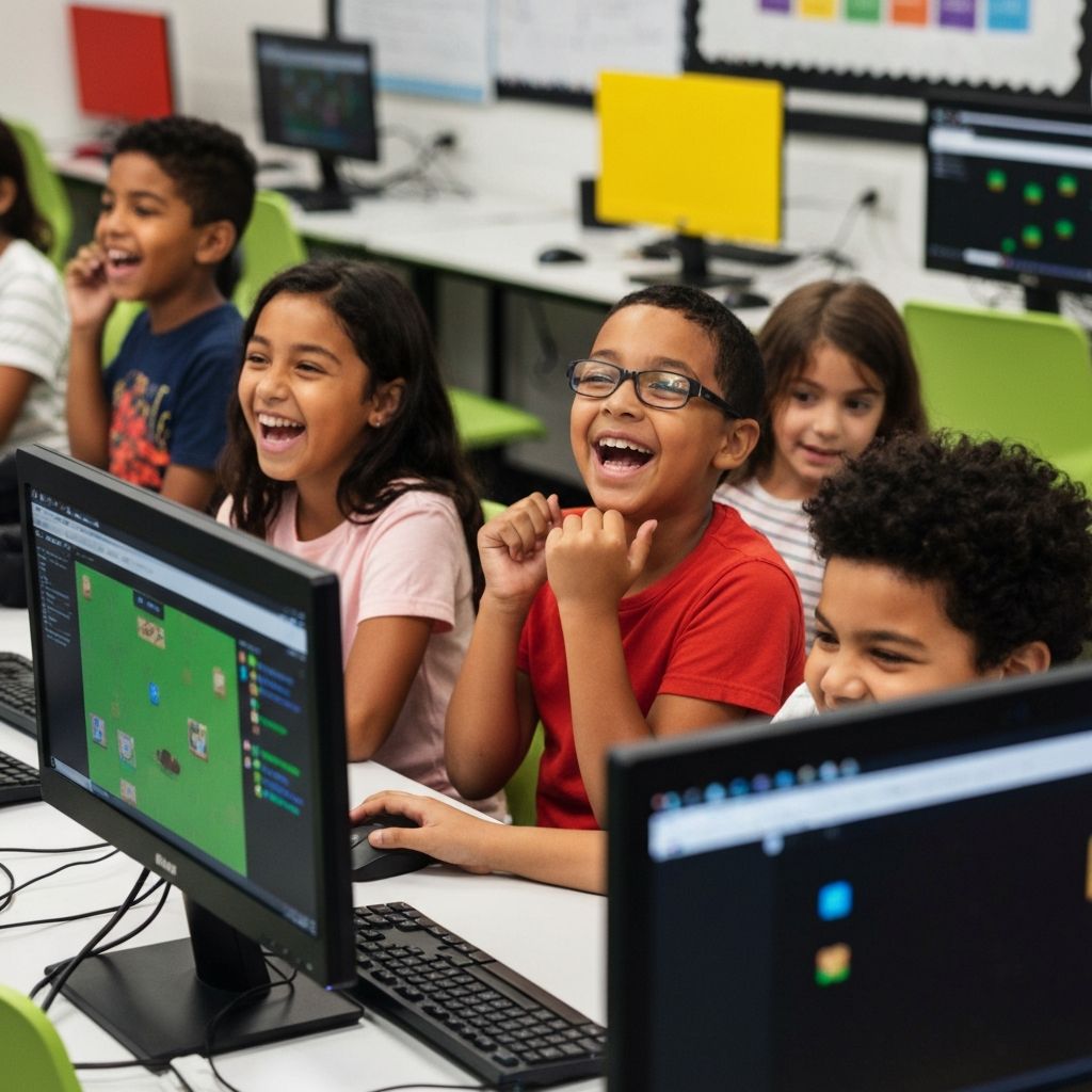 Children in Kids Coding Camp Hicksville after school coding class creating video games