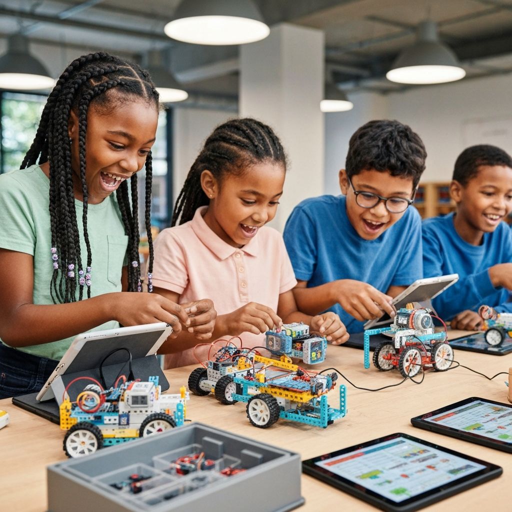 Young students building and programming robots at CodeKids Hicksville robotics class