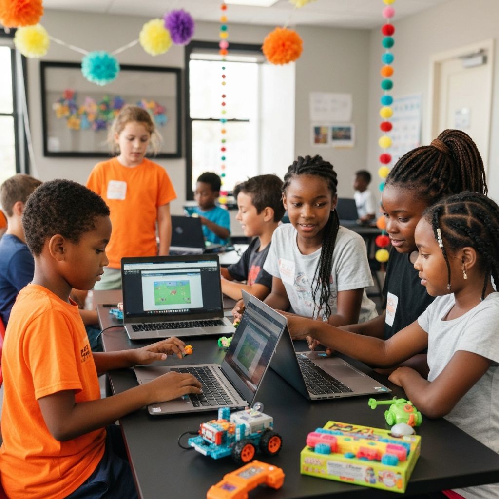 Kids at Kids Coding Camp summer coding workshop in Hicksville building projects together